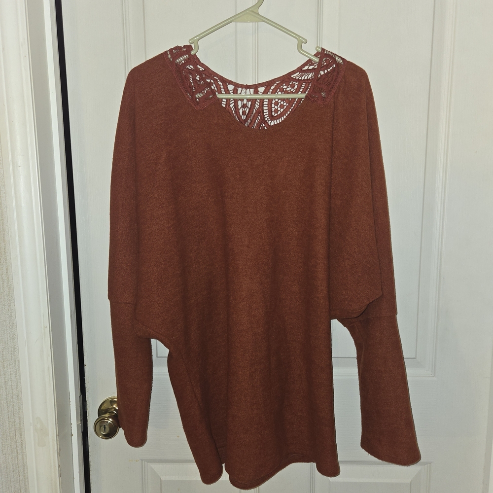 Rust Crochet Yoke Lightweight Sweater